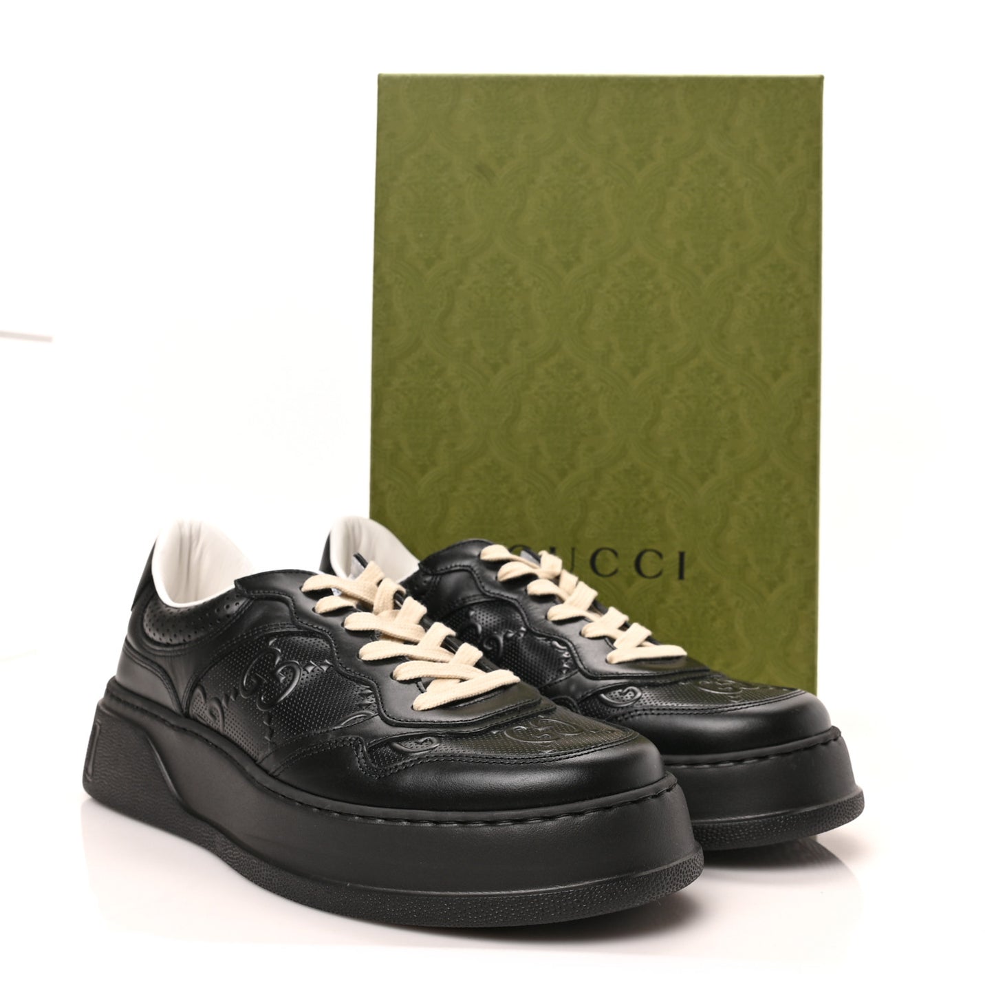 Calfskin GG Tennis Embossed Perforated Mens Interlocking G 55mm Sneakers 10.5 Black
