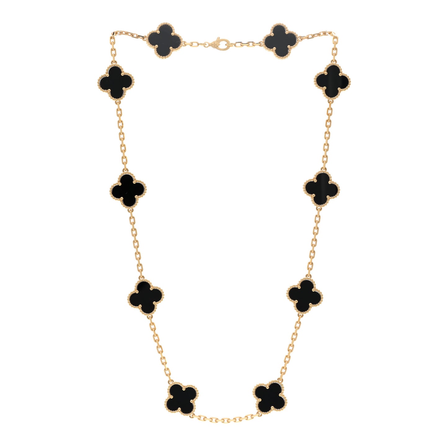 18K Yellow Gold Black Onyx 10 Motifs Vintage Alhambra Necklace