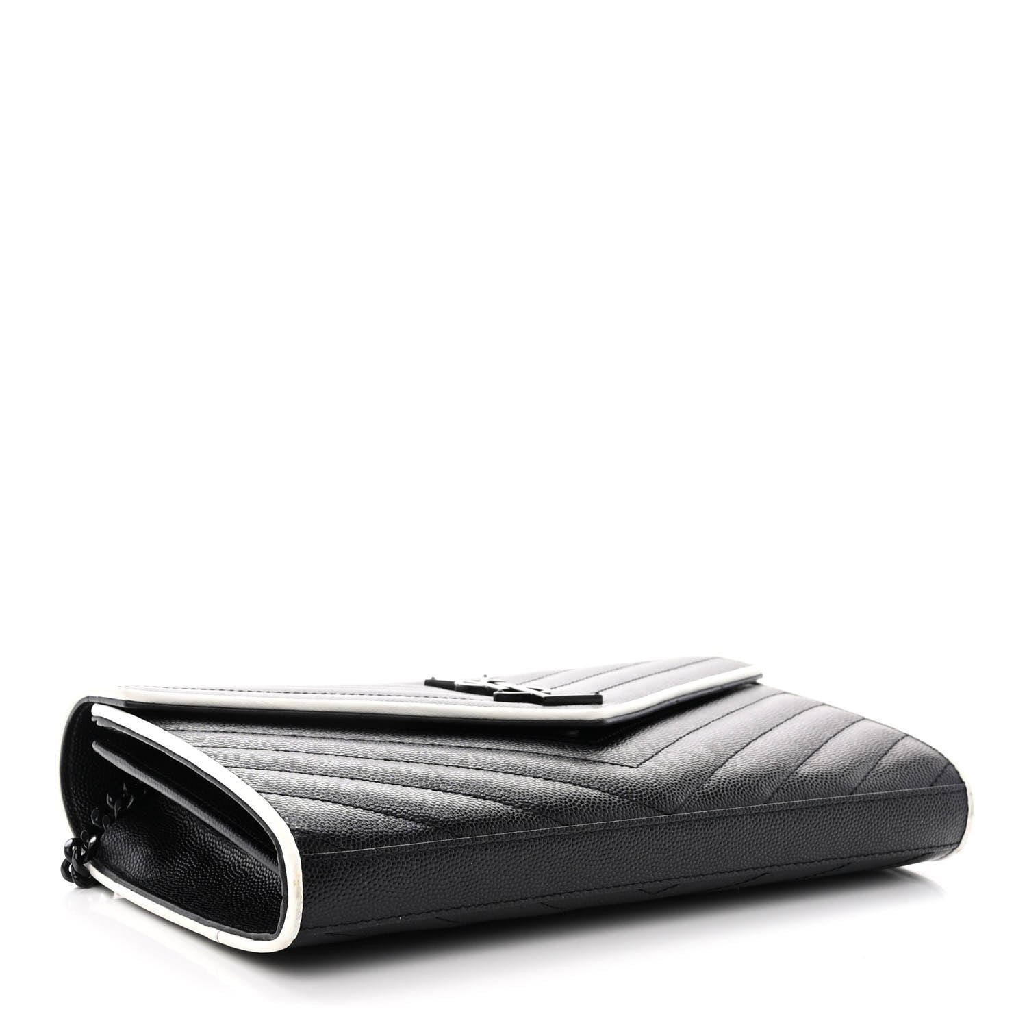 Saint Laurent Grain De Poudre Matelasse Chevron Monogram Chain Wallet Black White 4 of 9