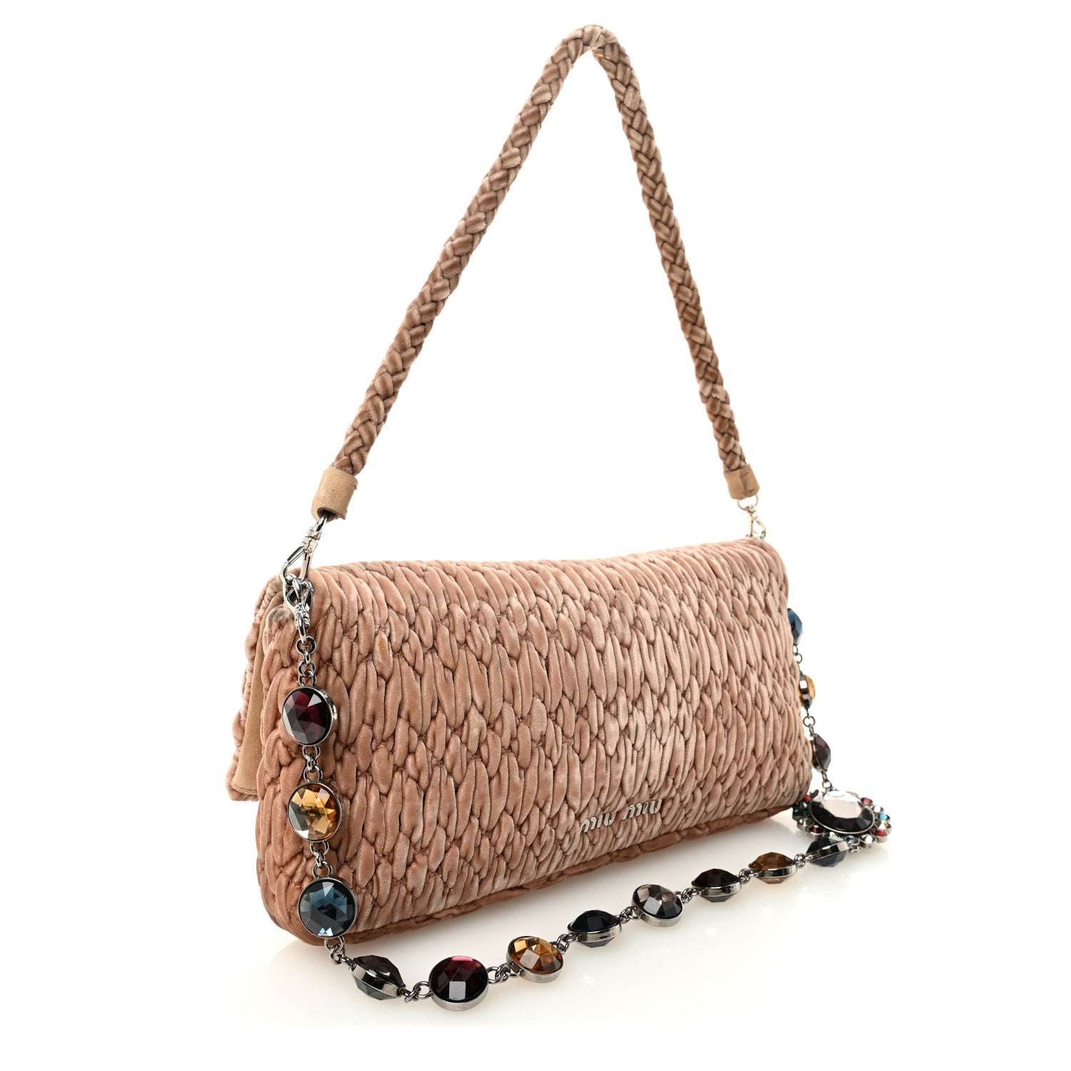 Miu Miu Velvet Matelasse Crystal Chain Shoulder Bag Cammeo 3 of 12