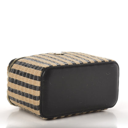 Chanel Raffia Jute Striped Small Vanity Case With Chain Black Beige 4 of 10