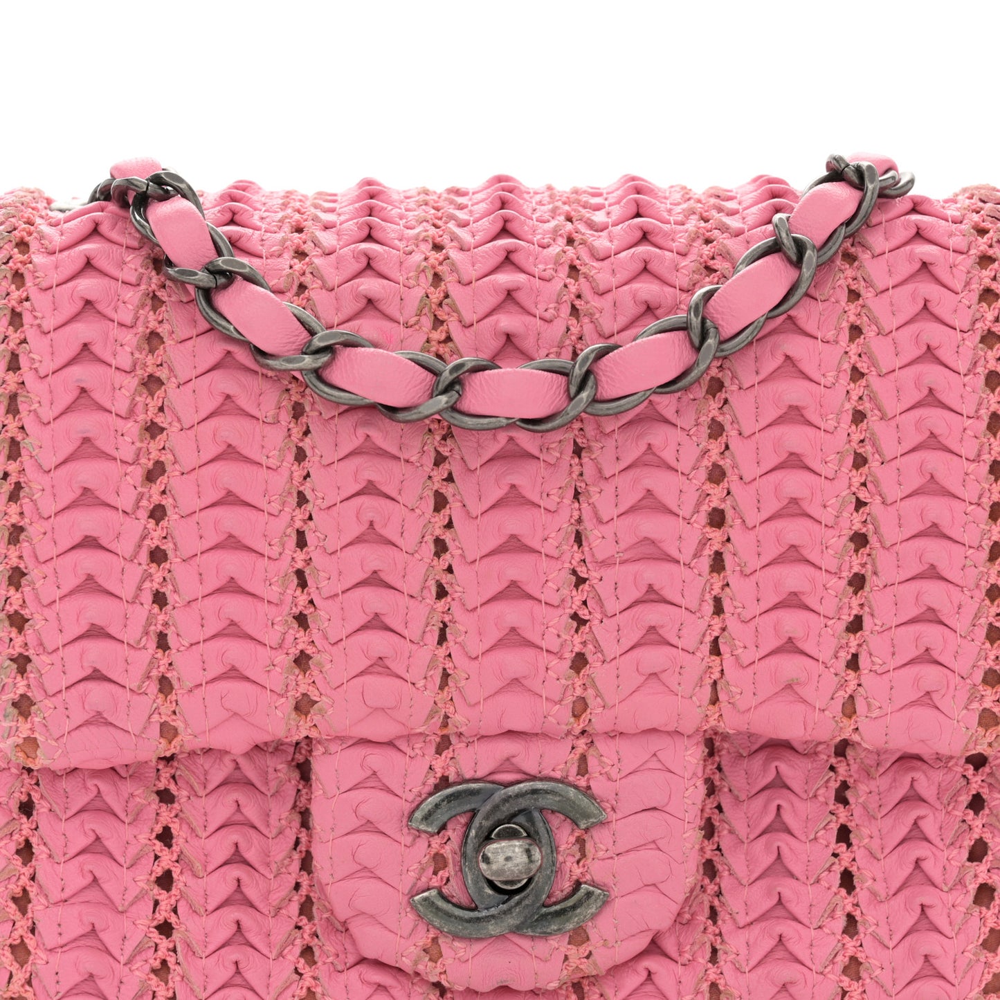 Lambskin Crochet Embroidered Mini Flap Pink