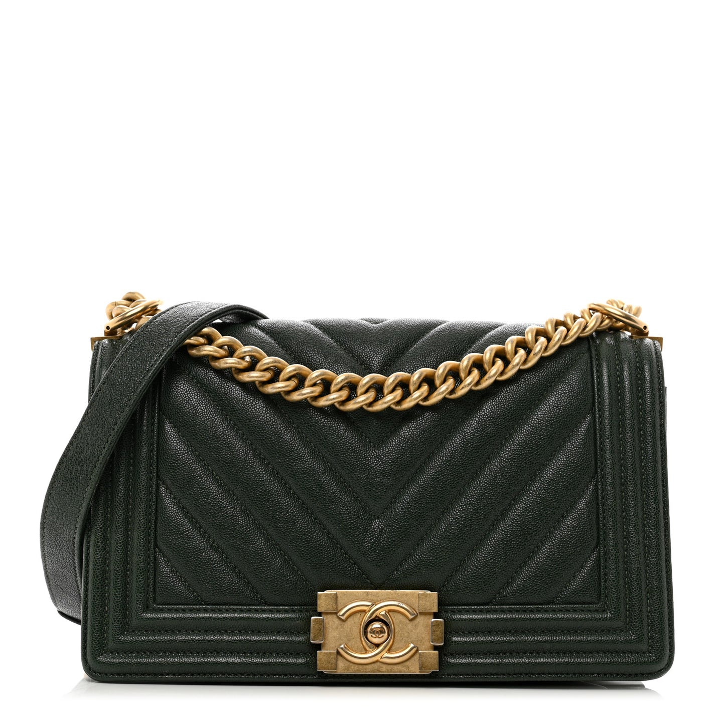 Caviar Chevron Quilted Medium Boy Flap Dark Green