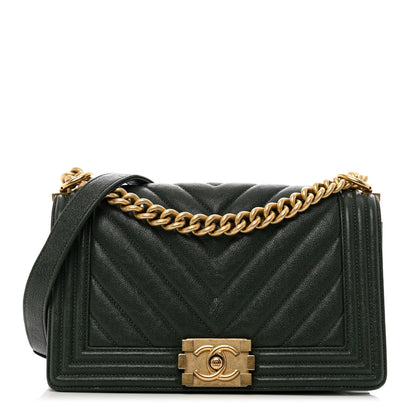 Chanel Caviar Chevron Quilted Medium Boy Flap Dark Green 1 of 12