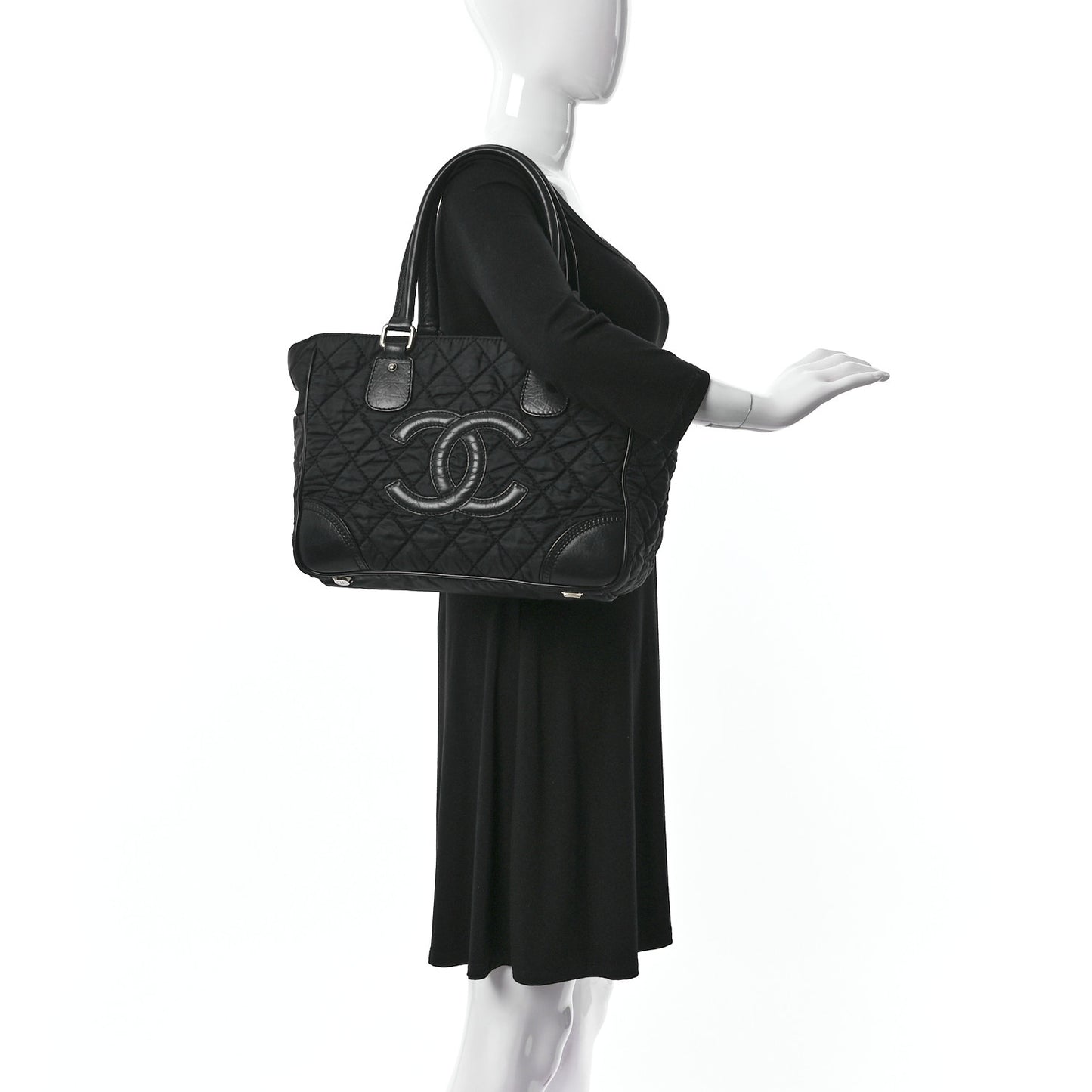Nylon Calfskin Paris New York Tote Bag Black