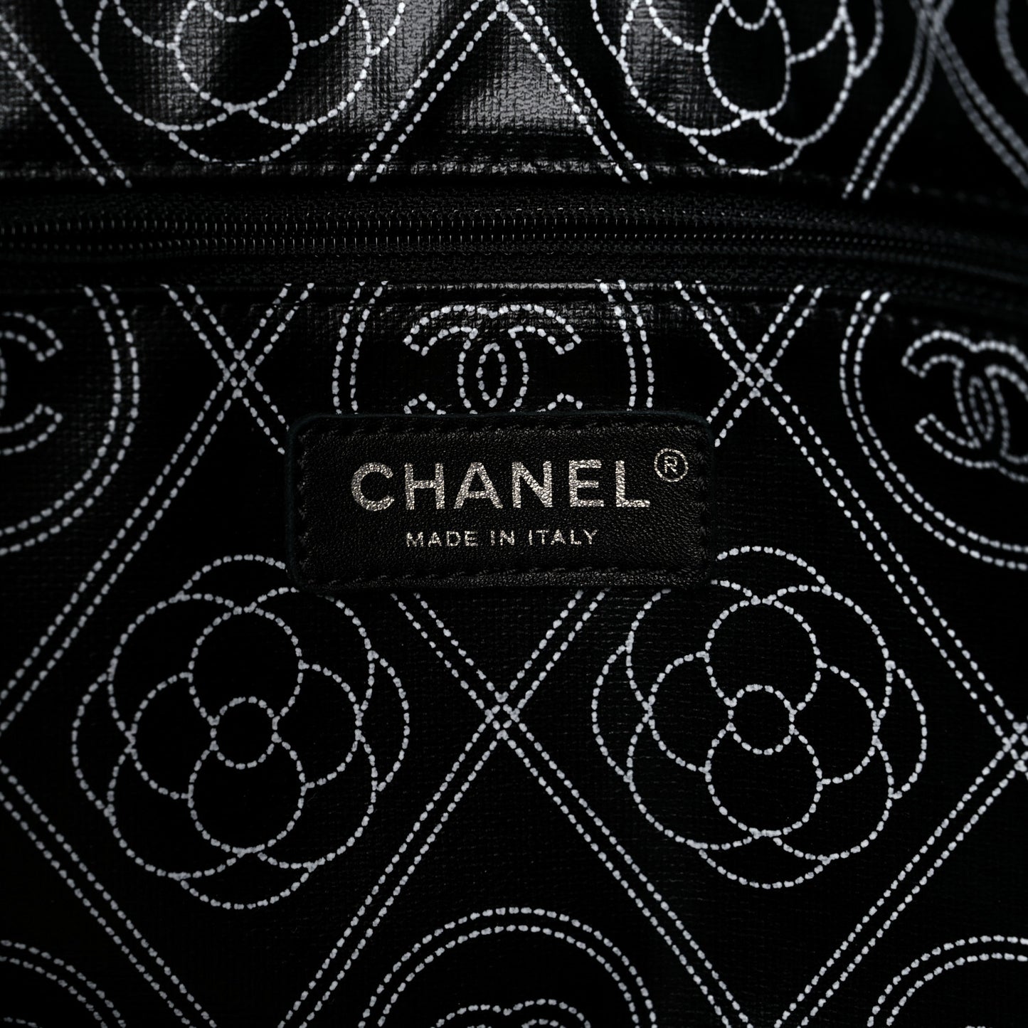 Coated Canvas Camellia Large Shopping Tote Black Beige
