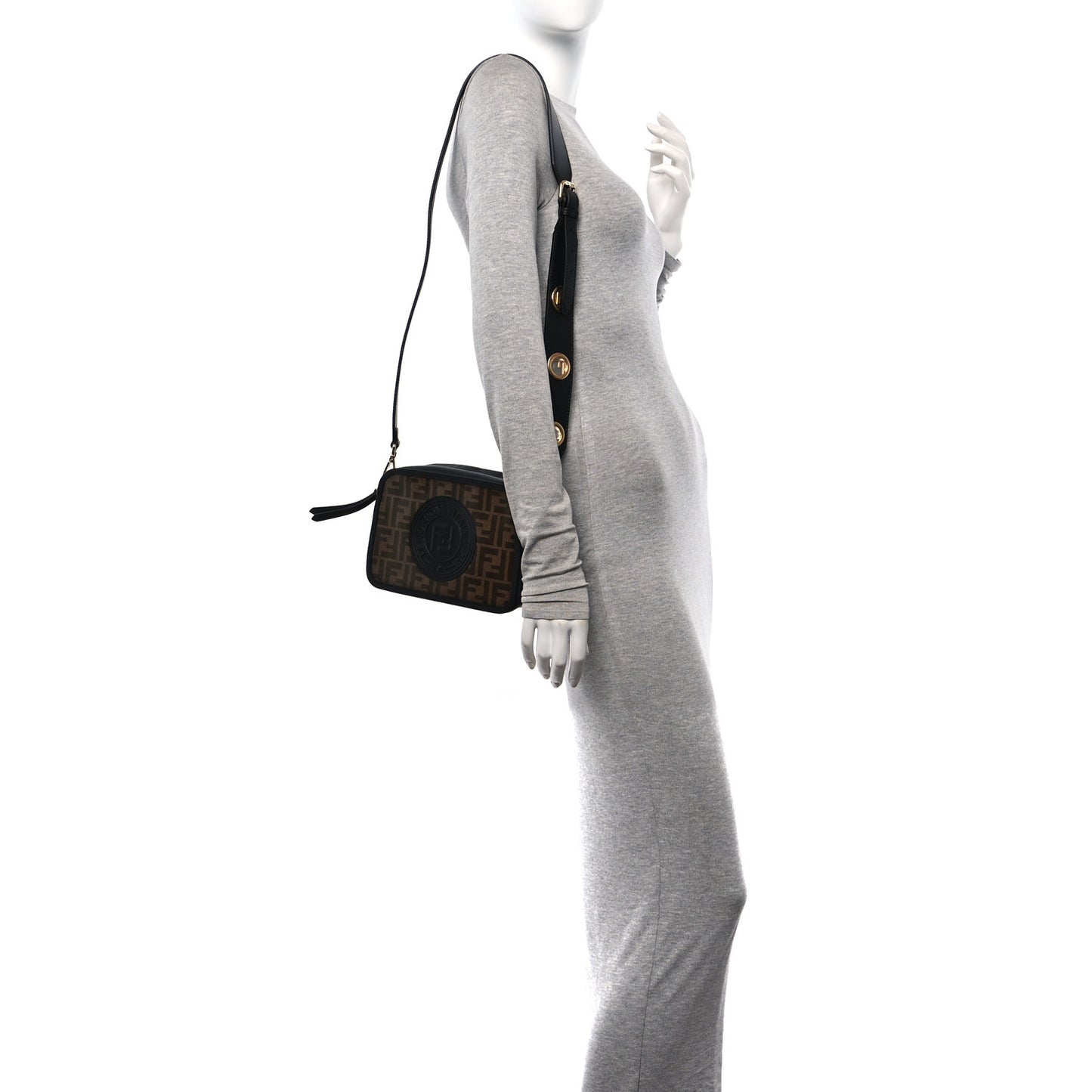 Glazed Fabric Vitello Century F is Fendi FF 1974 Stamp Patch Camera Case Mogano Panna Black