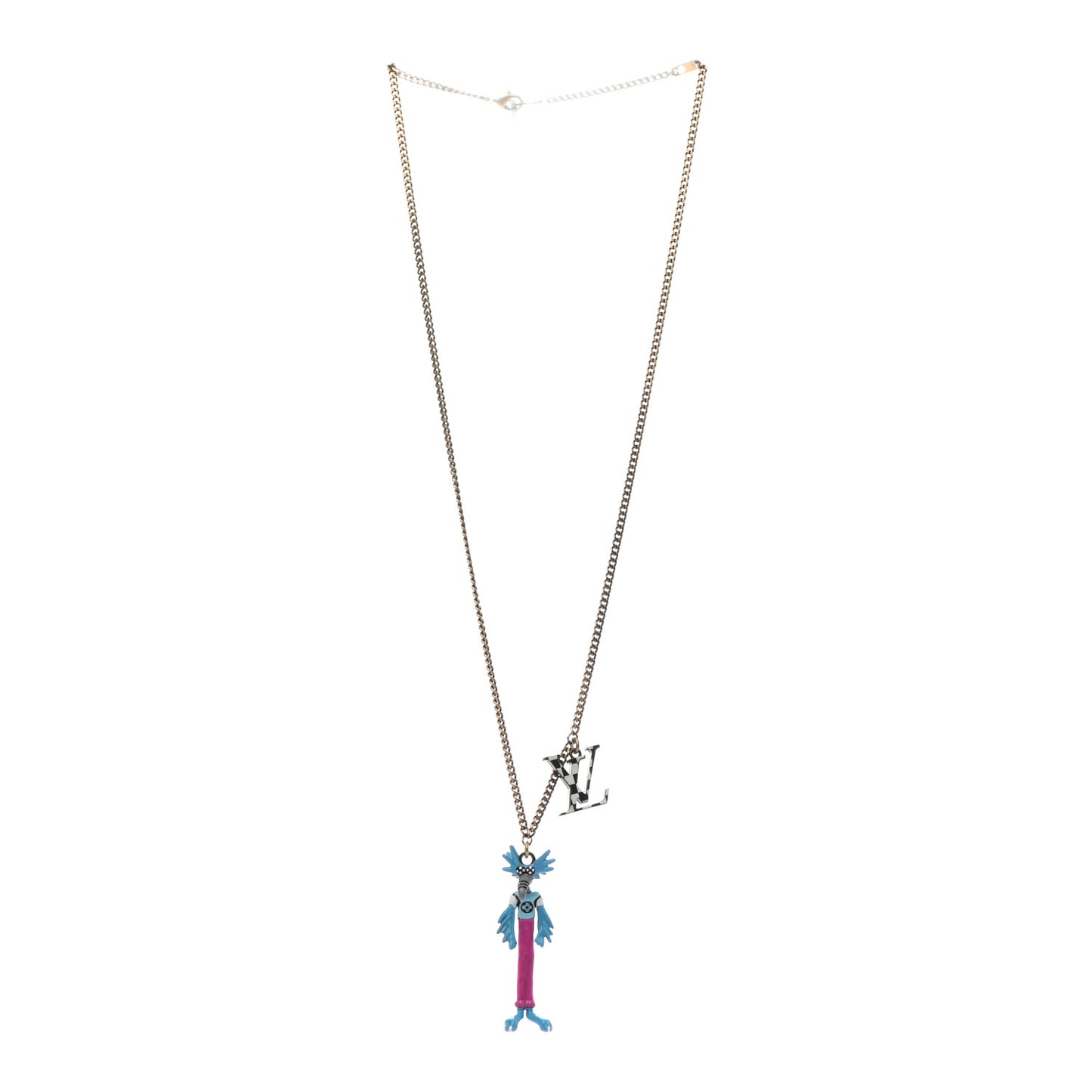 Lacquered Metal LV Friends Pendant Necklace Aged Gold Blue Pink