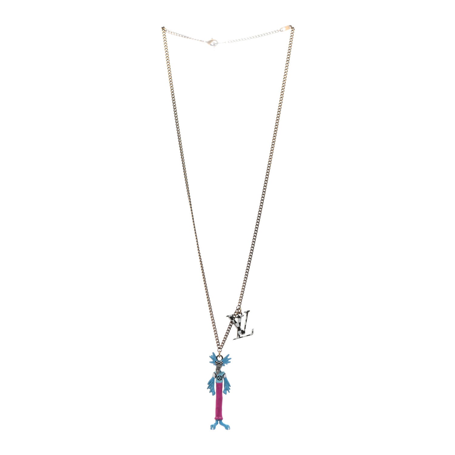 Louis Vuitton Lacquered Metal LV Friends Pendant Necklace Aged Gold Blue Pink 3 of 7