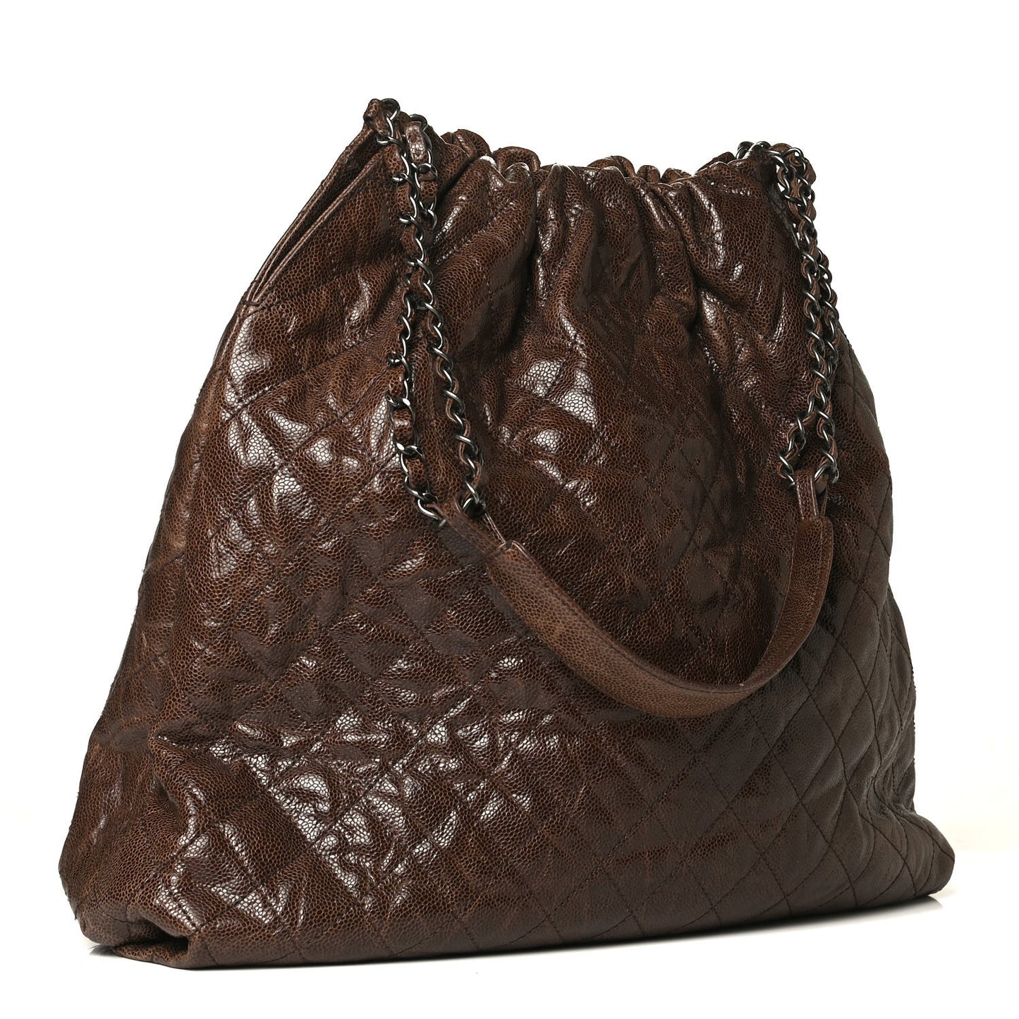 Distressed Glazed Caviar Quilted Large Elastic Tote Brown