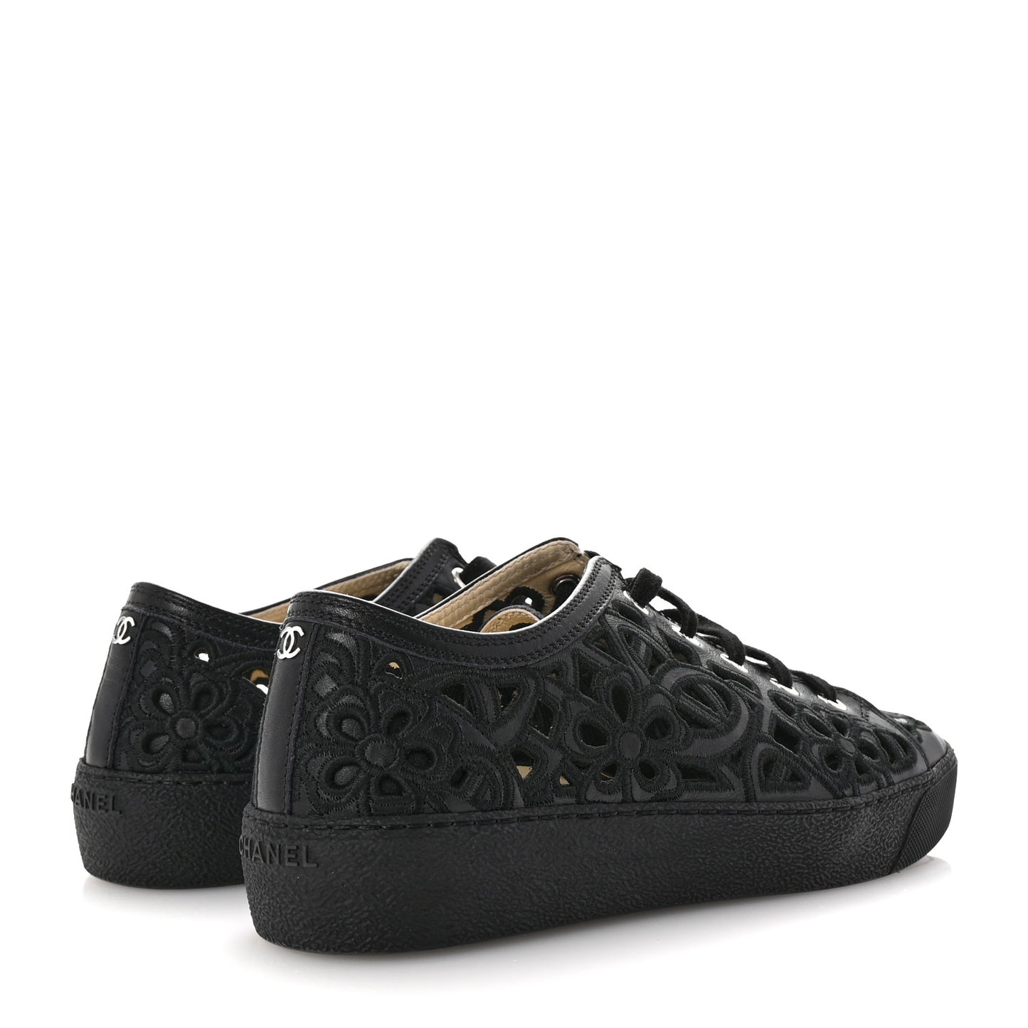 Calfskin Hollow Out Flower Sneakers 36 Black