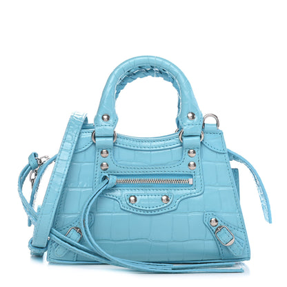 Balenciaga Calfskin Crocodile Embossed Neo Classic Silver Hardware Nano City Crossbody Azur 1 of 8