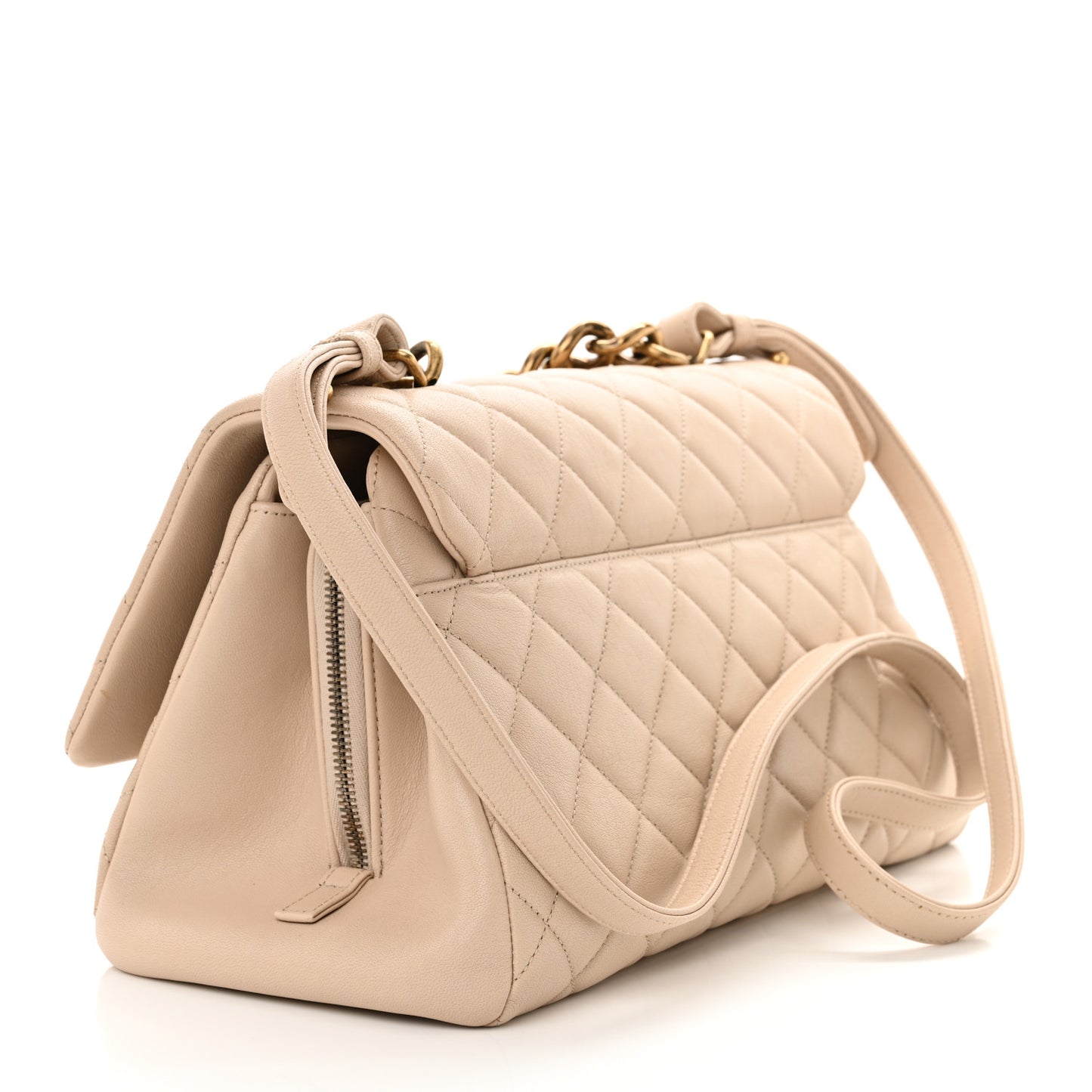 Shiny Sheepskin Quilted Large Trapezio Flap Beige