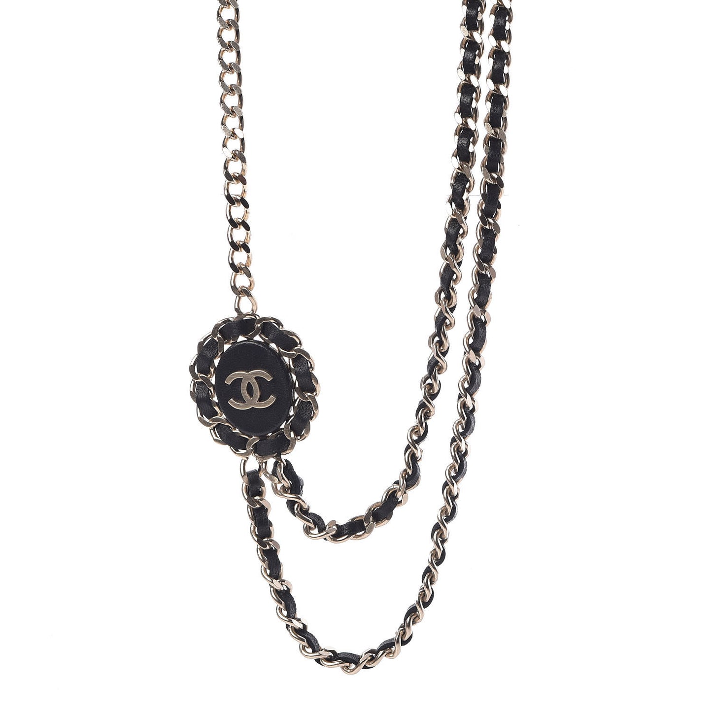 Lambskin CC Long Chain Necklace Black Gold