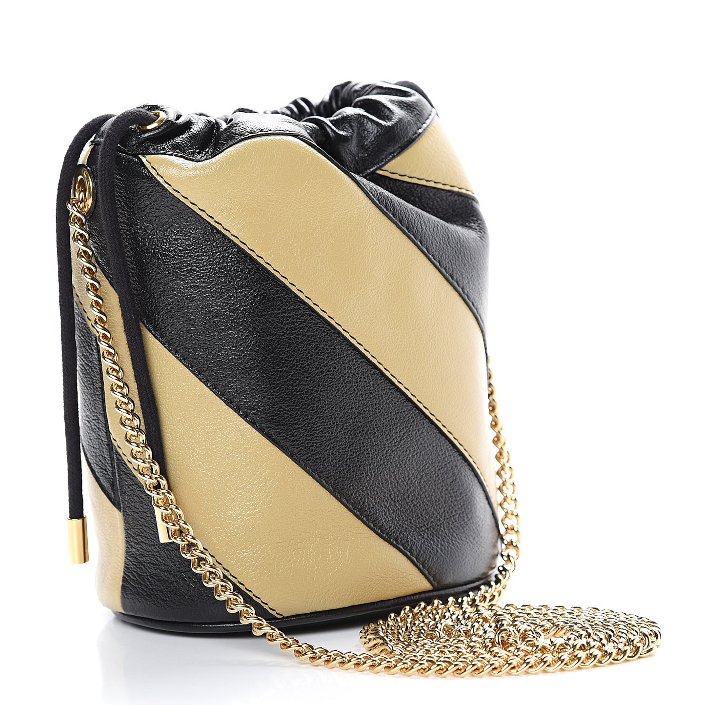 Calfskin Diagonal Striped Mini Zumi Bucket Bag Black Beige