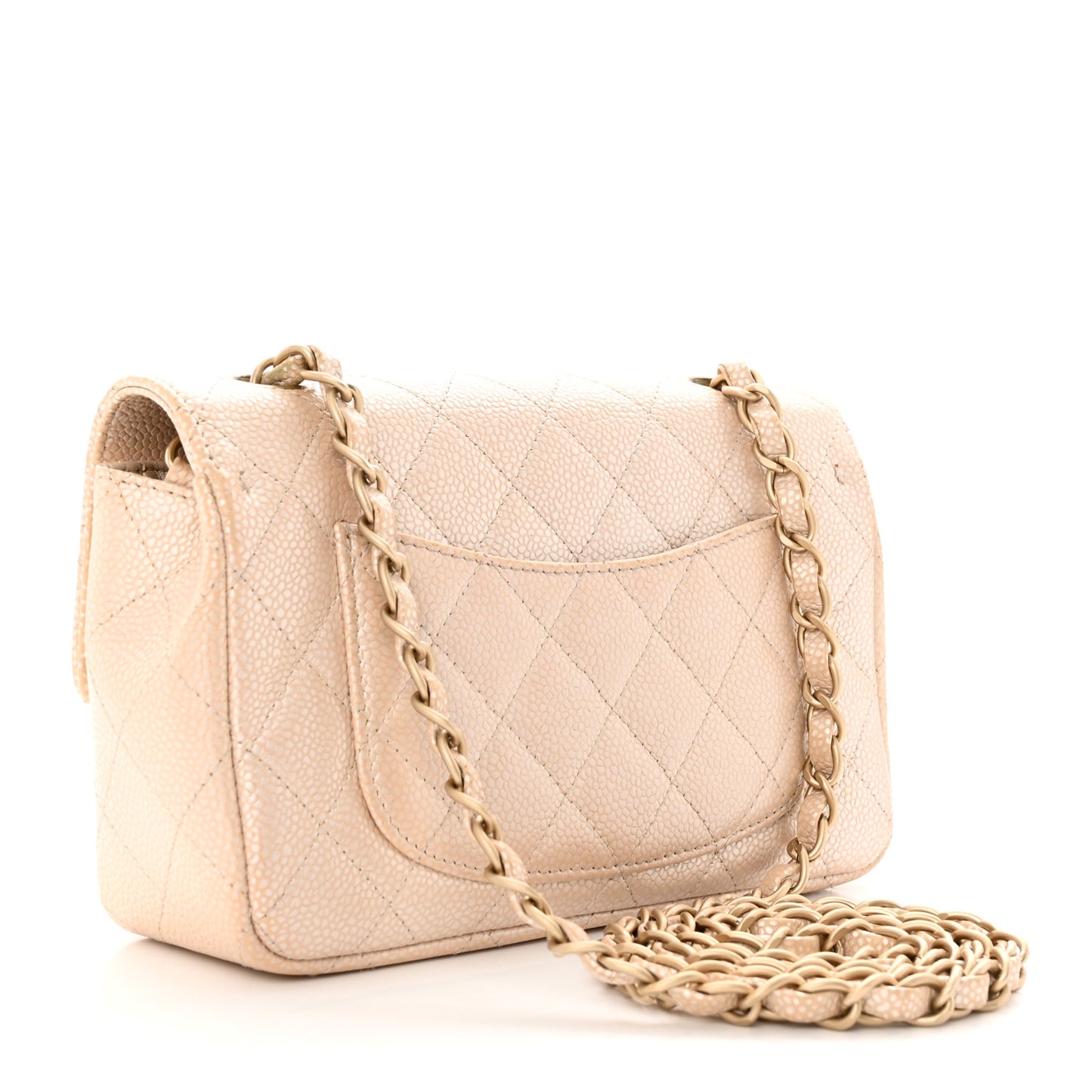 Pearly Caviar Quilted Mini Rectangular Flap Beige