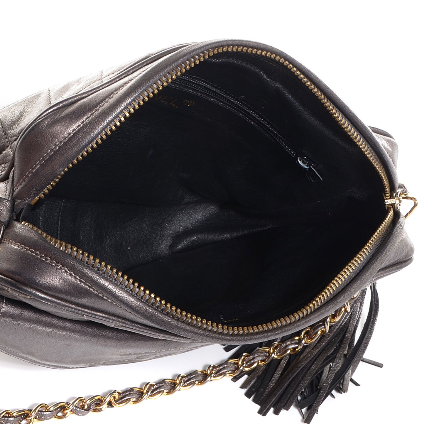 Lambskin Quilted Tassel Camera Case Dark Silver