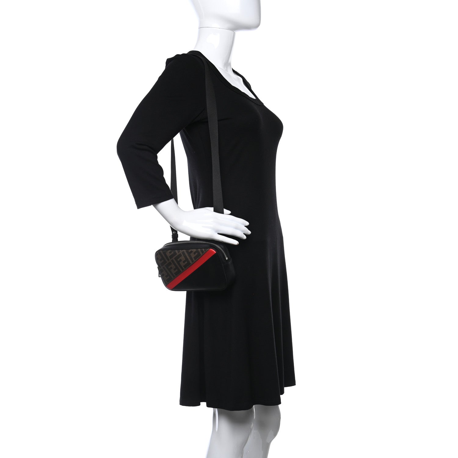 Fendi Glazed Fabric Vitello Liberty FF 1974 Diagonal Small Camera Case Tobacco Rosso Black 2 of 8