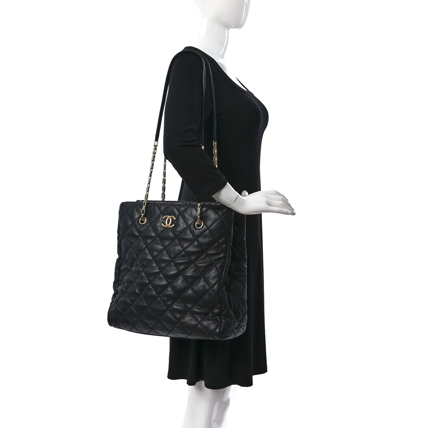 Calfskin Quilted Large Retro Chain Tote Black