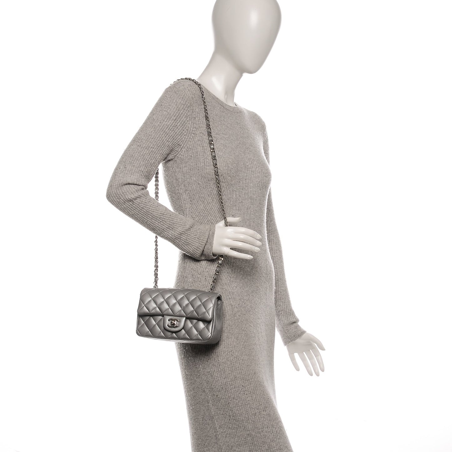 Metallic Lambskin Quilted Mini Rectangular Flap Silver