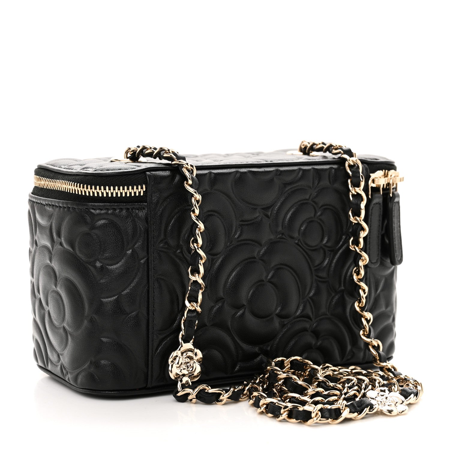 Chanel Lambskin Camellia Embossed Small Vanity Case With Chain Black 3 of 10