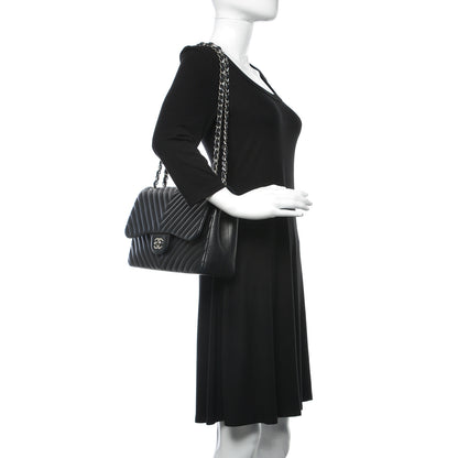Chanel Lambskin Chevron Quilted Jumbo Double Flap Black 2 of 13