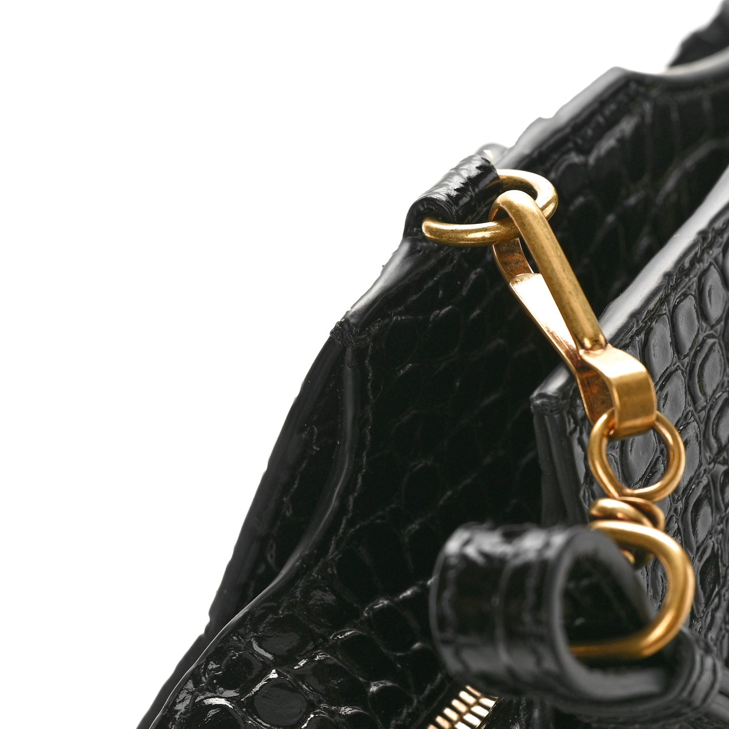 Shiny Supple Calfskin Crocodile Embossed Brass Hardware Neo Classic City Black