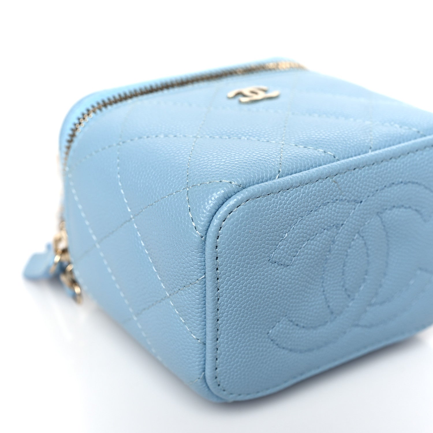 Chanel Caviar Quilted Mini Vanity Case With Chain Light Blue