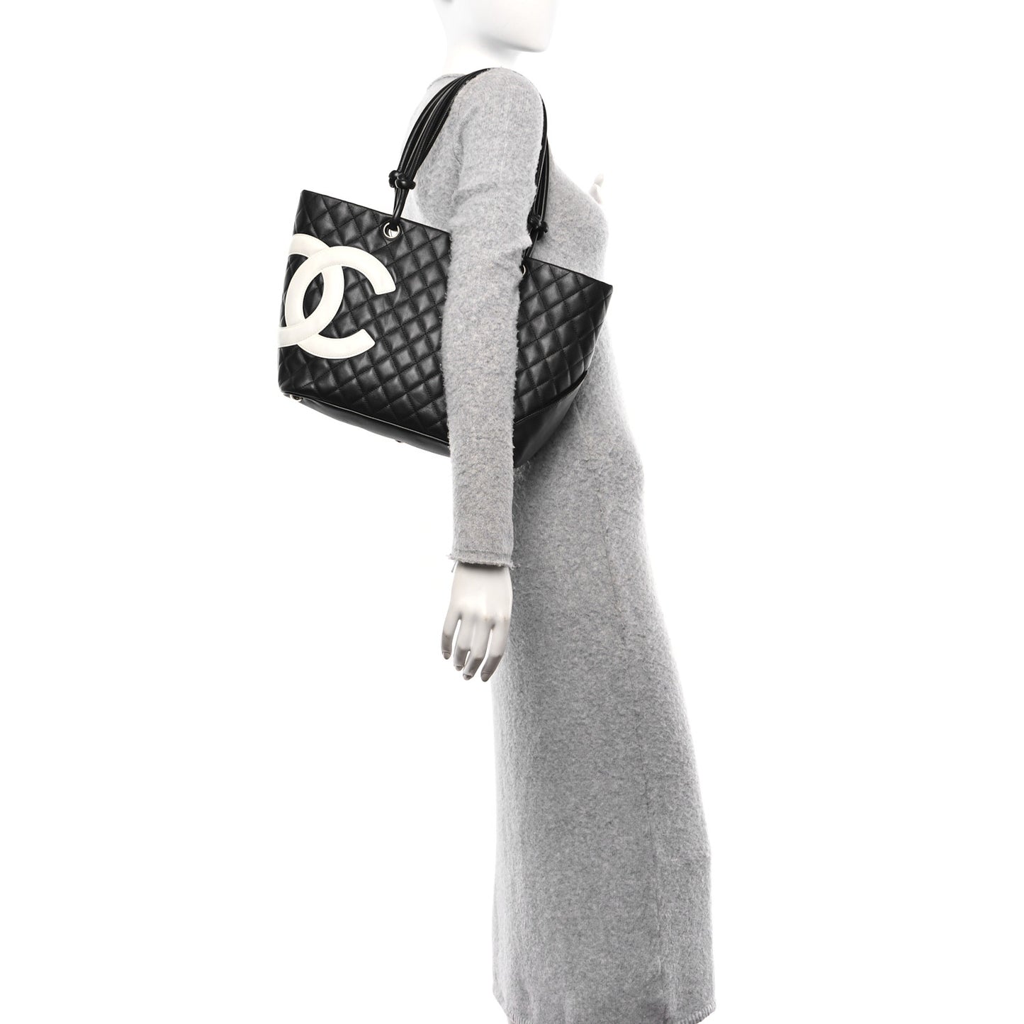 Calfskin Quilted Large Cambon Tote Black White