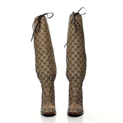 Gucci Monogram Lisa Mid Heel Boots 35 Beige Ebony 2 of 7