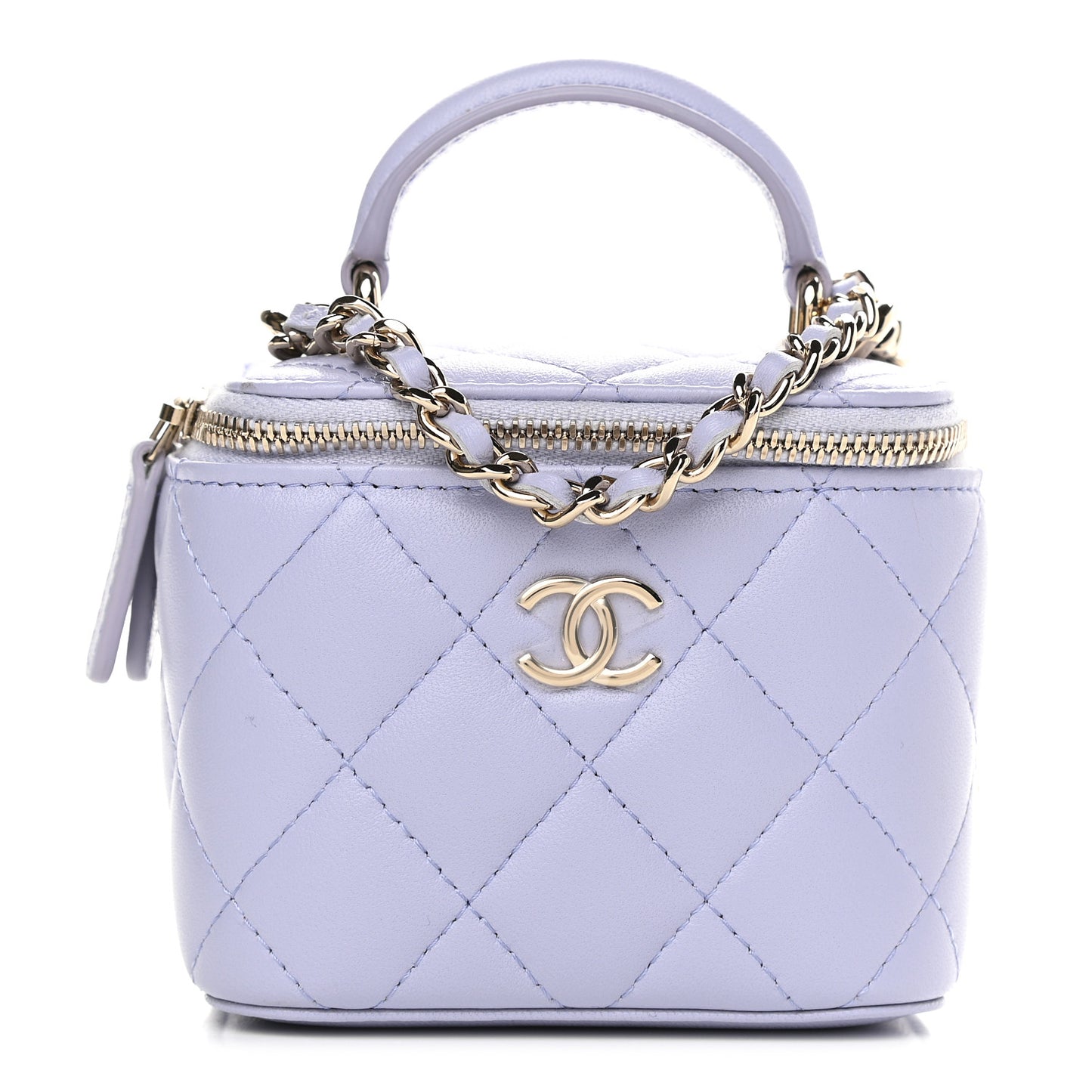 Lambskin Quilted Top Handle Mini Vanity Case With Chain Light Purple