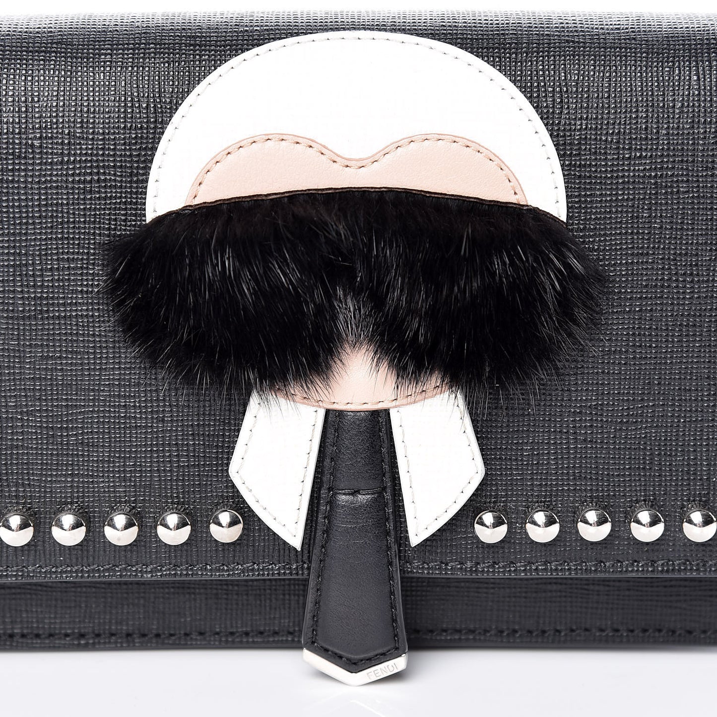 Vitello Elite Mink Fur Studded Karlito Tube Wallet on Chain Black