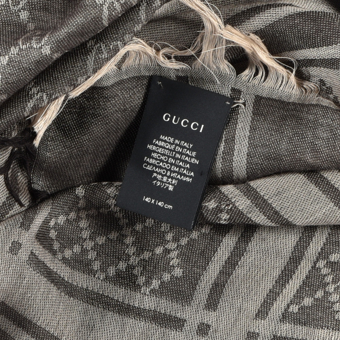 Wool Silk GG Monogram Diamante Plaid Surviee Shawl Beige Dark Brown