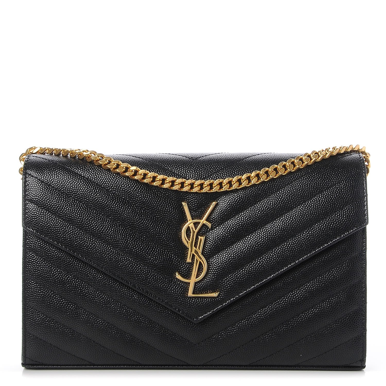 Saint Laurent Grain De Poudre Matelasse Chevron Monogram Chain Wallet Black 1 of 7