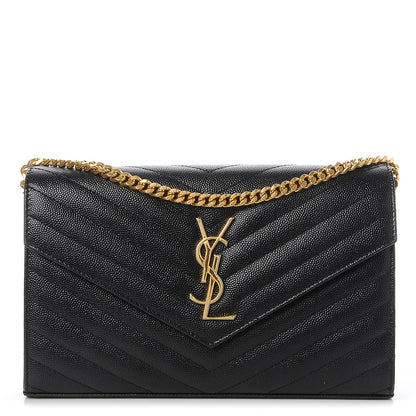 Saint Laurent Grain De Poudre Matelasse Chevron Monogram Chain Wallet Black 1 of 7
