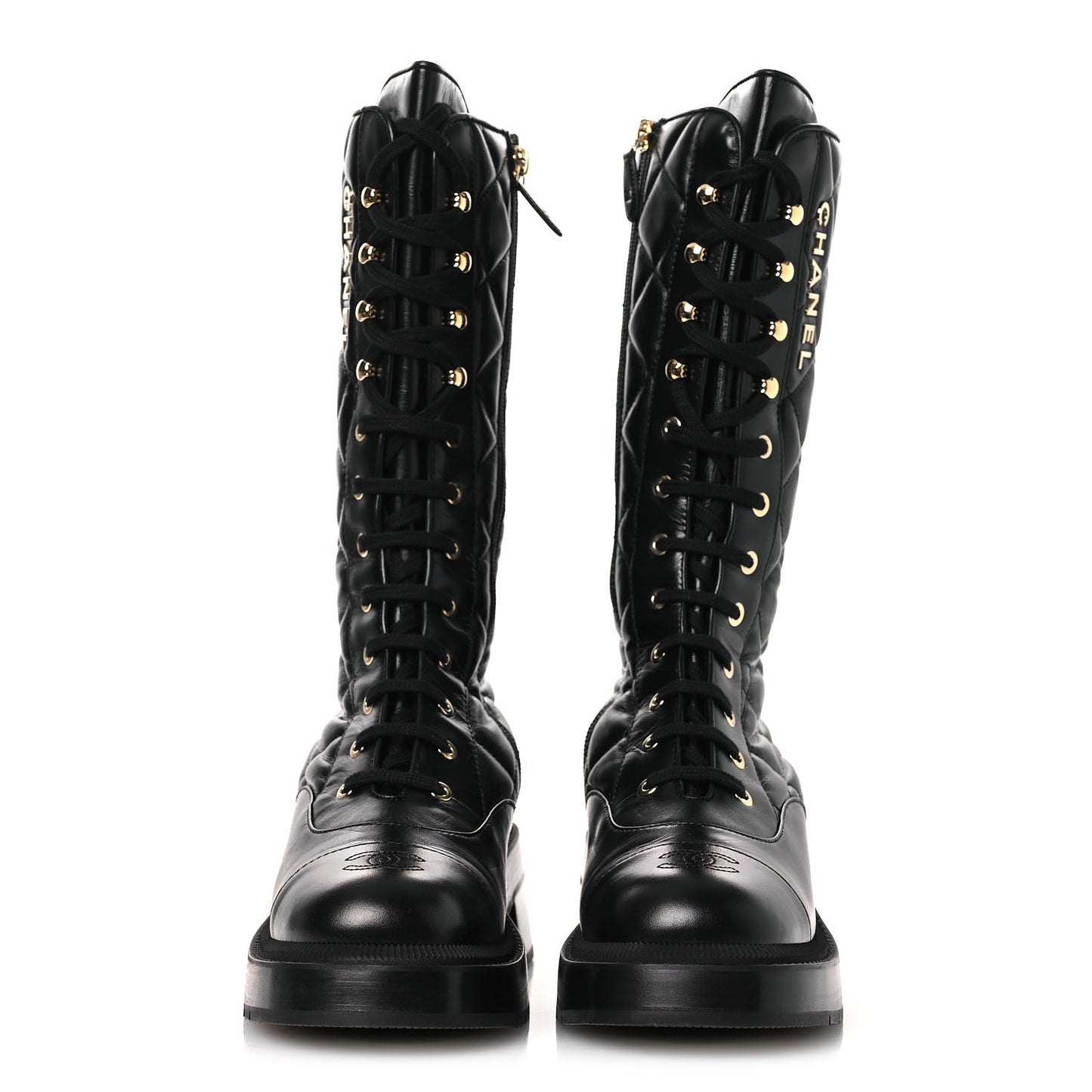 Calfskin Quilted Logo Lace Up Tall Combat Boots 39 Black