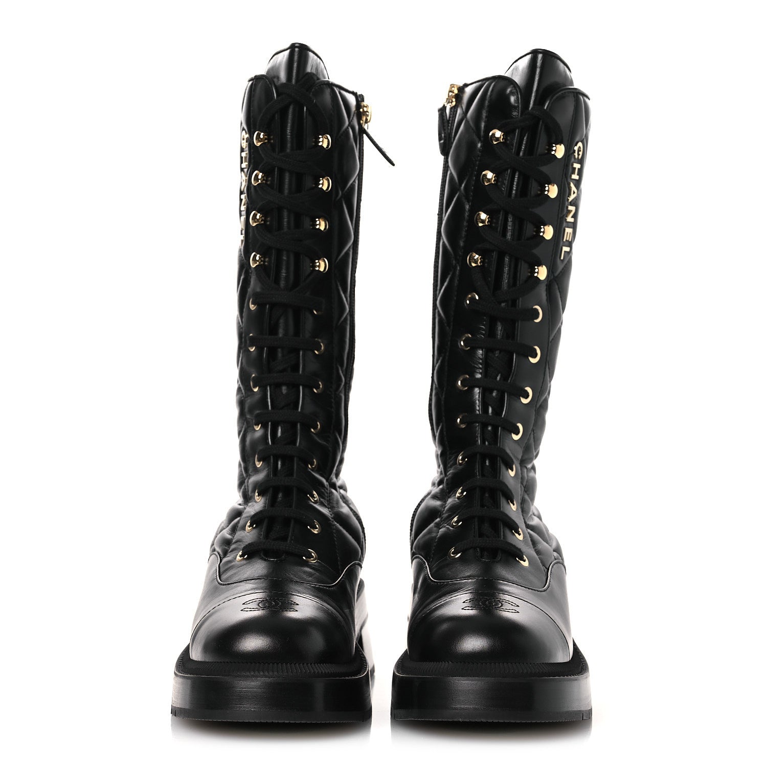 Chanel Calfskin Quilted Logo Lace Up Tall Combat Boots 39 Black 3 of 11