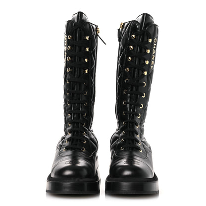 Chanel Calfskin Quilted Logo Lace Up Tall Combat Boots 39 Black 3 of 11