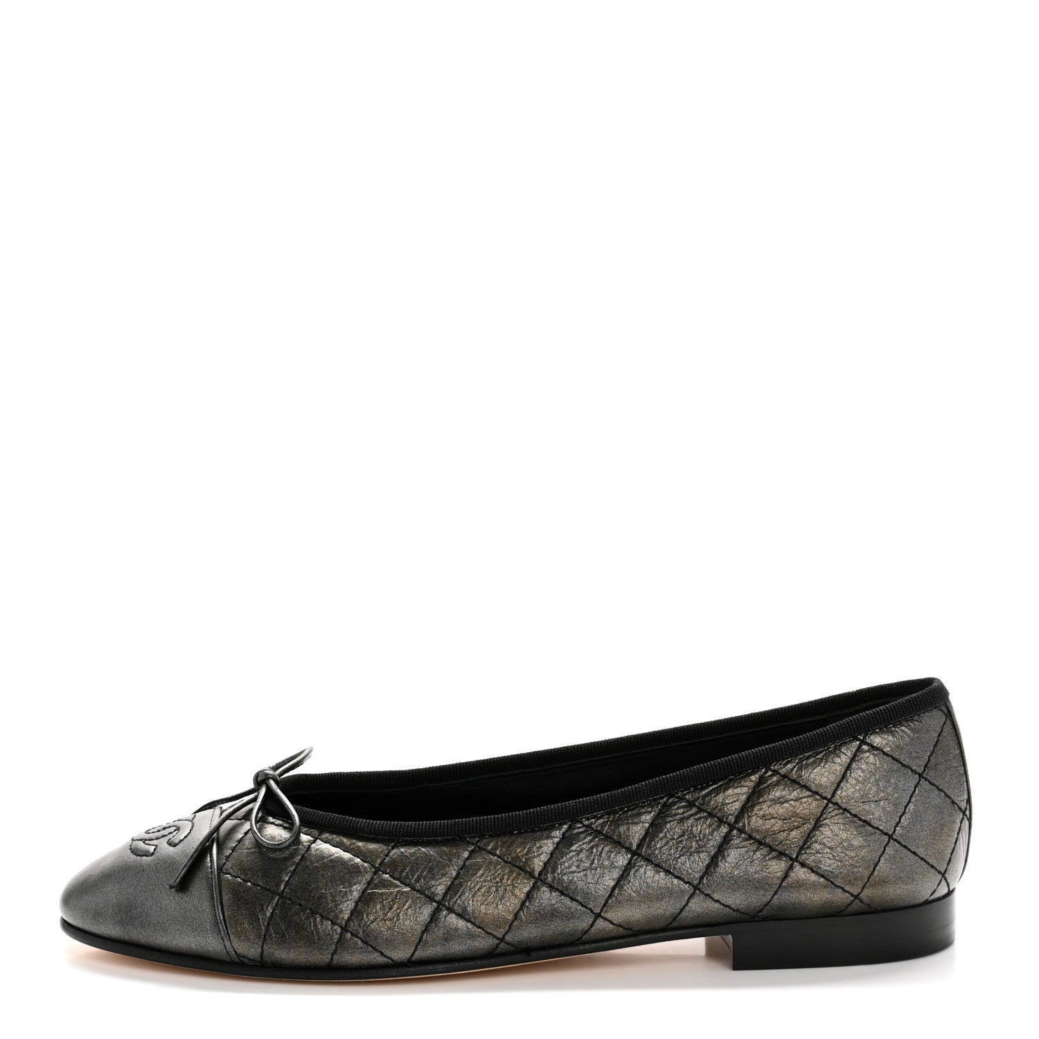Chanel Metallic Aged Calfskin Quilted CC Cap Toe Ballerina Flats 38.5 Dark Silver 1 of 10