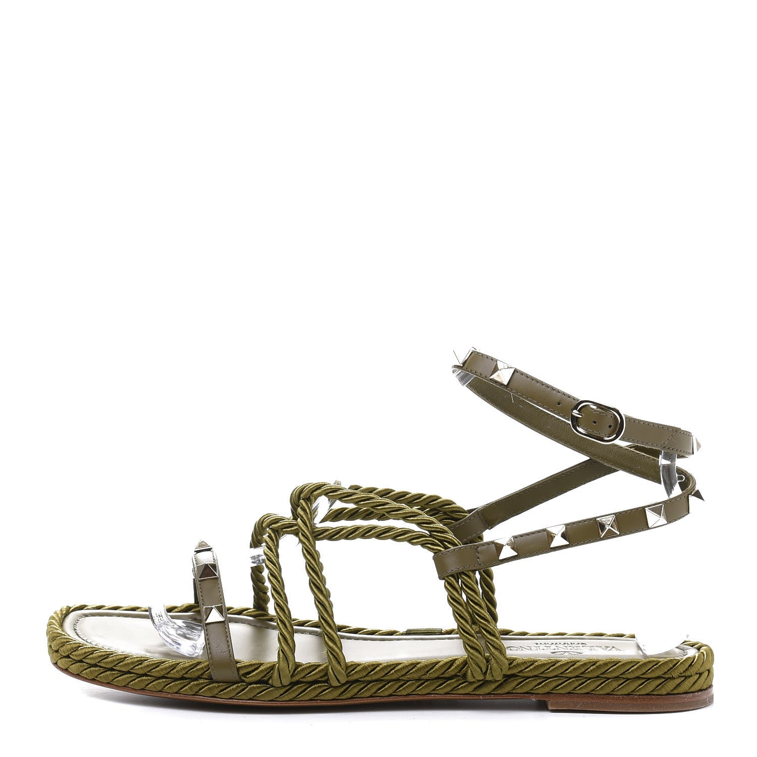 Valentino Garavani Calfskin Silk Rockstud Ankle Wrap Torchon Espadrille Flat Sandals 40 Lichen 1 of 9
