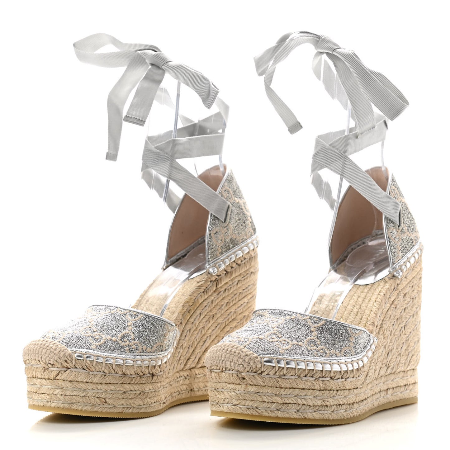 Lame GG Monogram Ankle Wrap Platform Espadrille Wedges 36 Silver Beige Light Grey