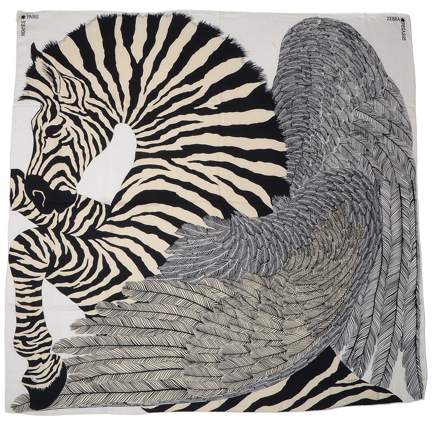 Cashmere Silk Zebra Pegasus Scarf GM 140 Blanc Noir Naturel