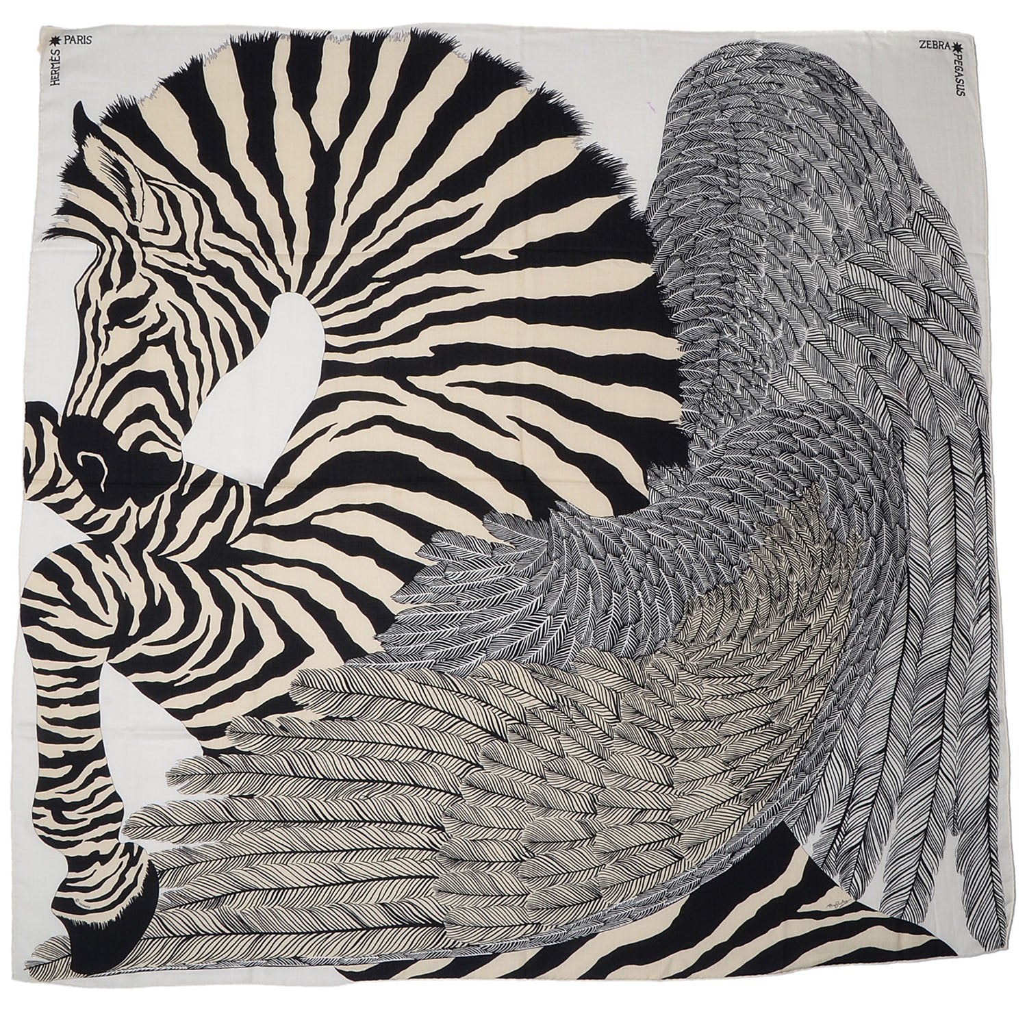 Hermes Cashmere Silk Zebra Pegasus Scarf GM 140 Blanc Noir Naturel 1 of 8