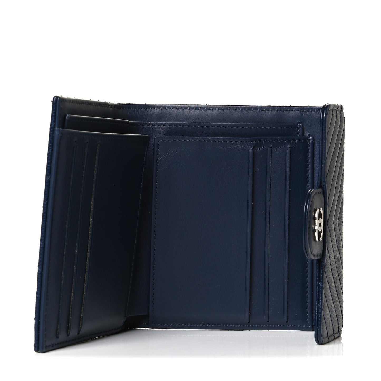 Caviar Chevron Quilted Compact Flap Wallet Navy