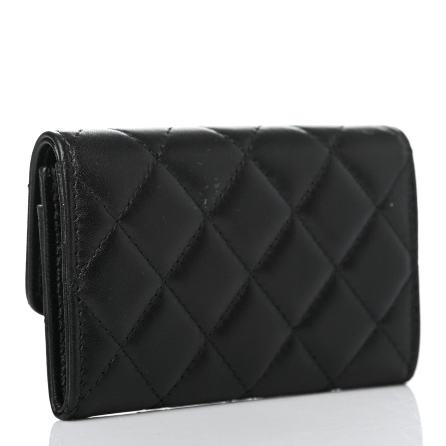 Lambskin Quilted CC Button Flap Card Holder Black