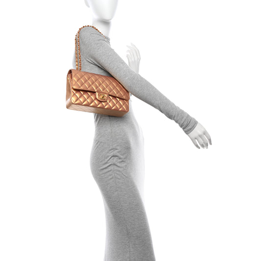 Metallic Lambskin Quilted Medium Double Flap Golden