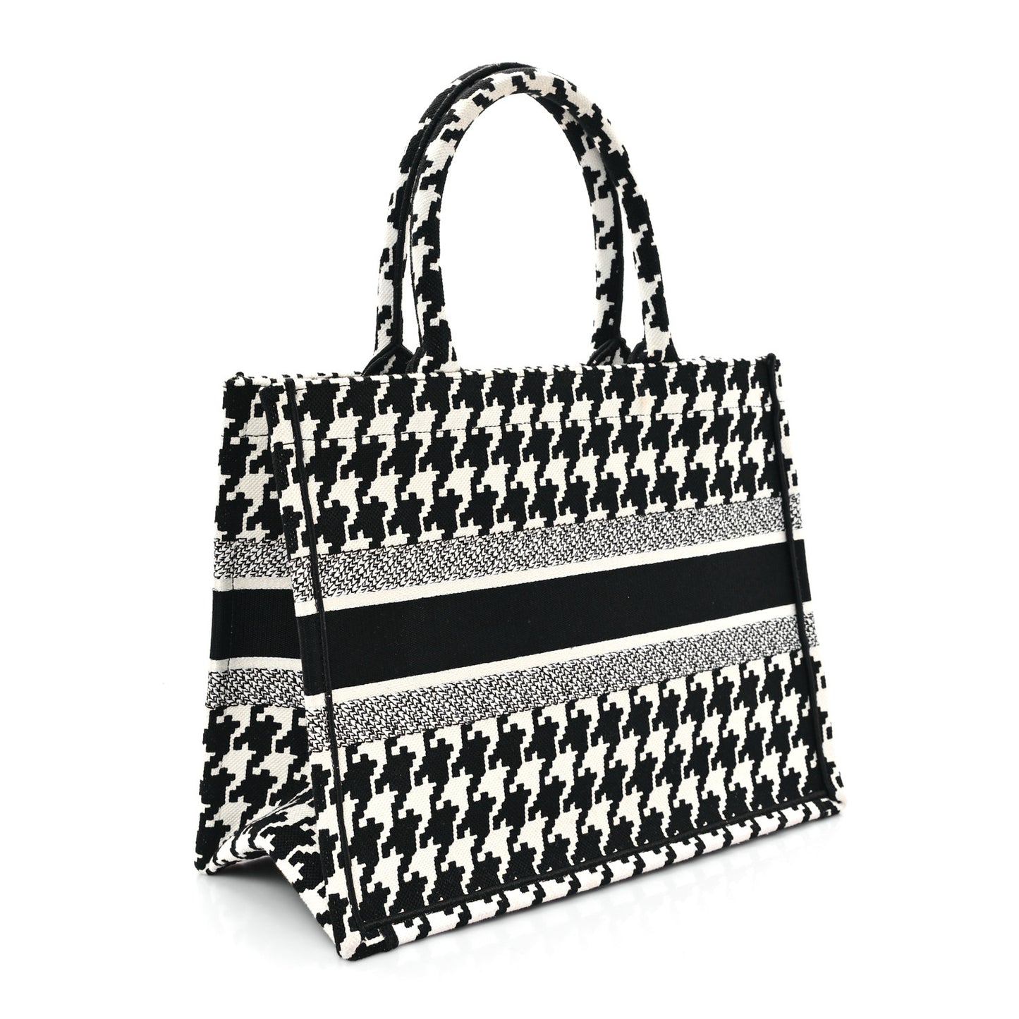 Canvas Macro Houndstooth Embroidered Medium Book Tote Black White
