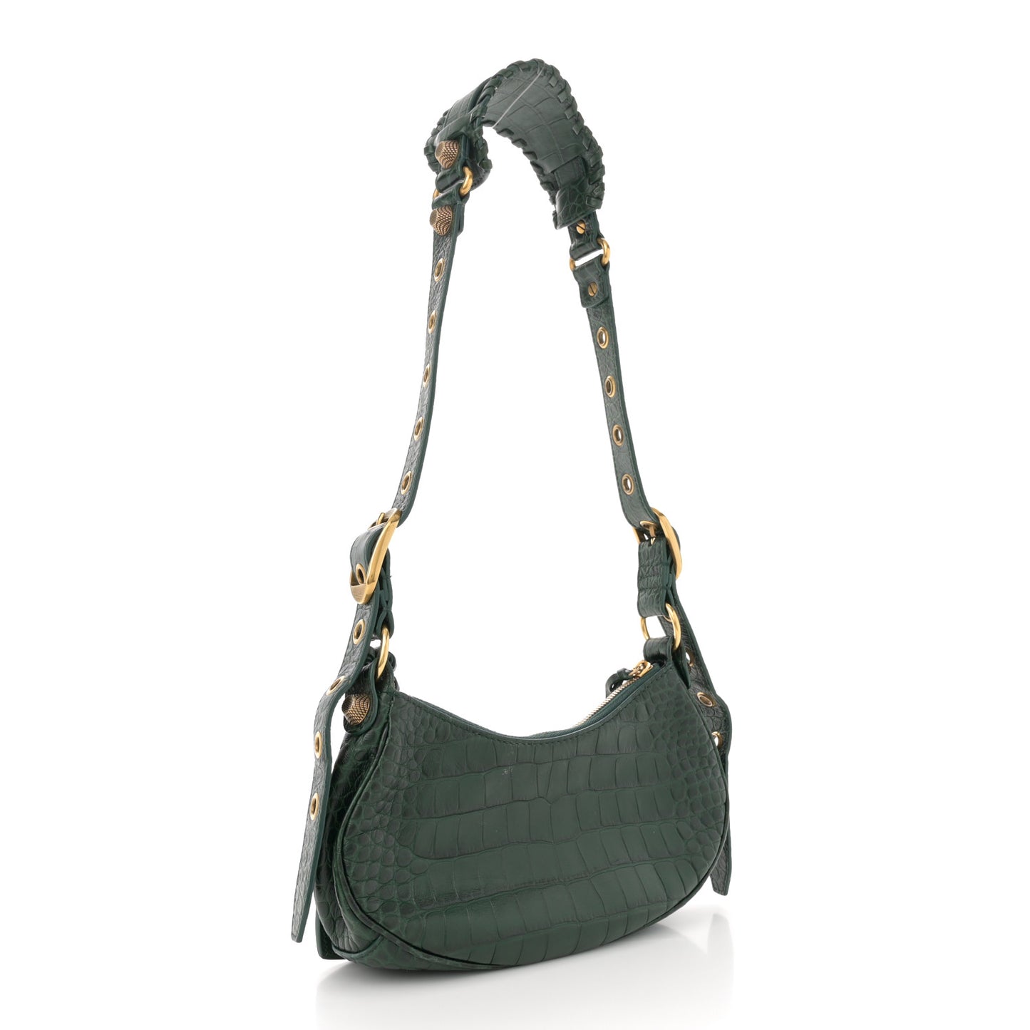 Extra Supple Calfskin Crocodile Embossed Le Cagole Shoulder Bag XS Forest Green
