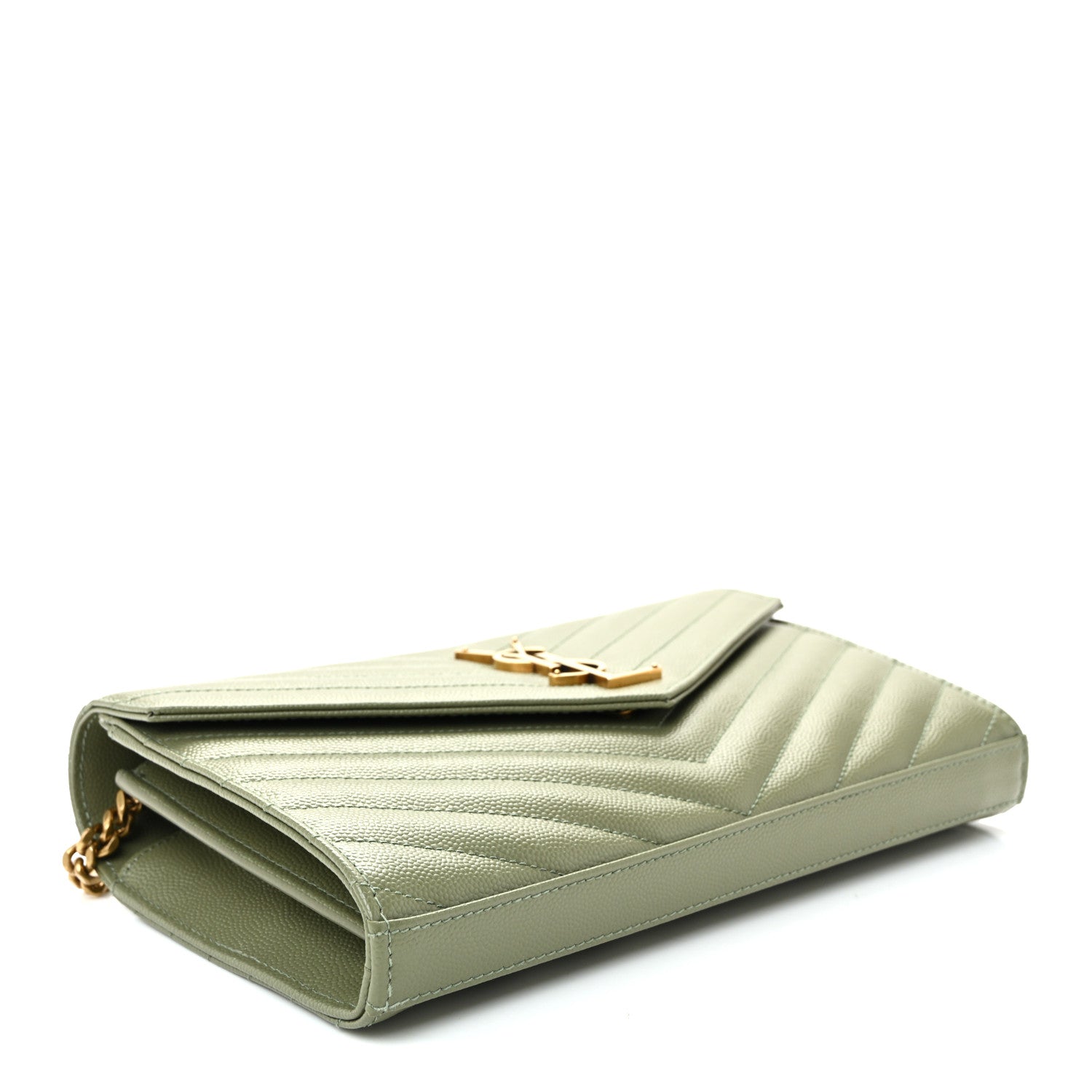 Saint Laurent Grain De Poudre Matelasse Chevron Monogram Chain Wallet Light Sage 4 of 9