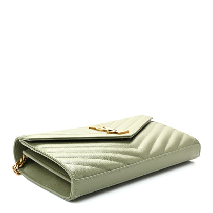 Saint Laurent Grain De Poudre Matelasse Chevron Monogram Chain Wallet Light Sage 4 of 9